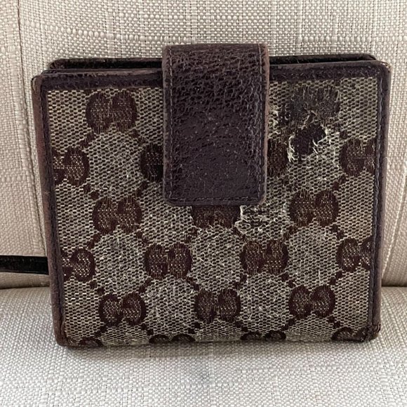 Gucci Wallet Brown Leather GG Canvas Bi Fold Card Holder made in Italy Auth